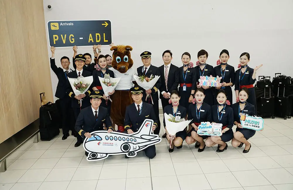 The inaugural Shanghai-Adelaide China Eastern Airlines crew touchdown in ADL.