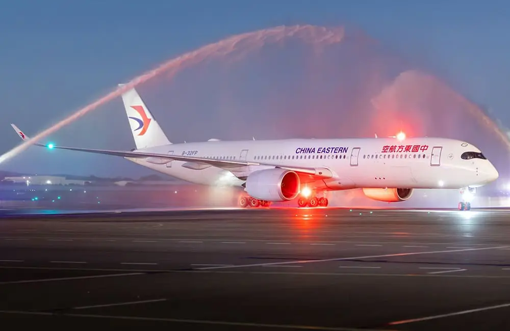 A water cannon greets the first China Eastern Shanghai-Adelaide flight.