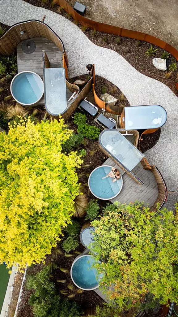 Drone shot of Bathe by Aluume with hot pools.