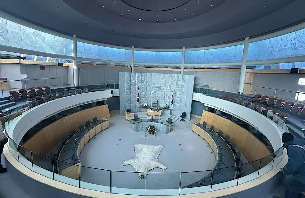 The Legislative Assembly in Yellowknife, where Angela Hill found the stories of land, history and identity.