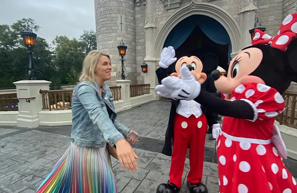 Disney magic in action, with Mickey Mouse and Minnie Mouse creating one of those only-at-Disney moments.