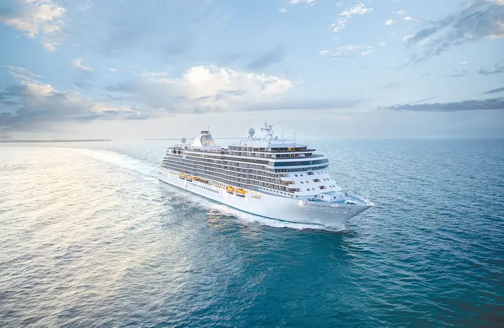 Seven Seas Grandeur cruise ship at sea in Miami.