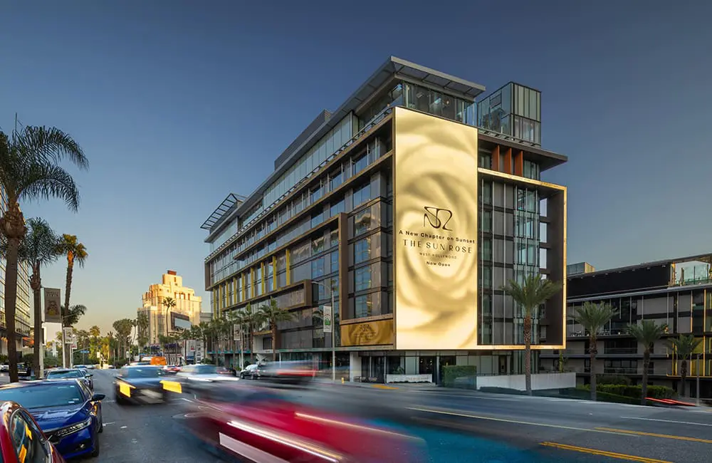 The Sun Rose West Hollywood exterior from Sunset Boulevard. Image: The Sun Rose West Hollywood