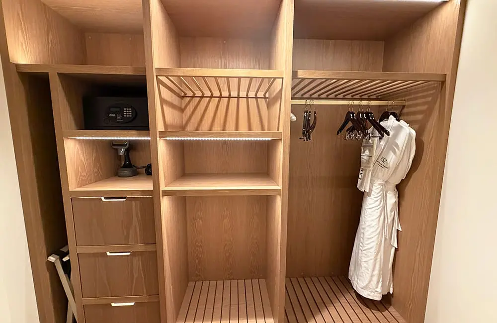 A walk-in wardrobe, complete with a garment steamer. Image: Cassie Tannenberg