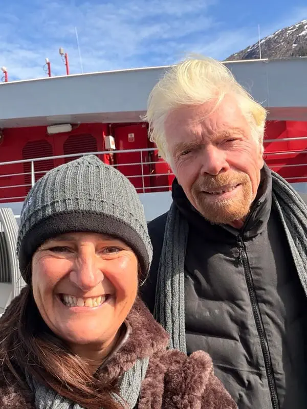 Pam Nielsen with Sir Richard Branson in Alaska for the Brilliant Lady inaugural MerMaiden voyage in May 2026.