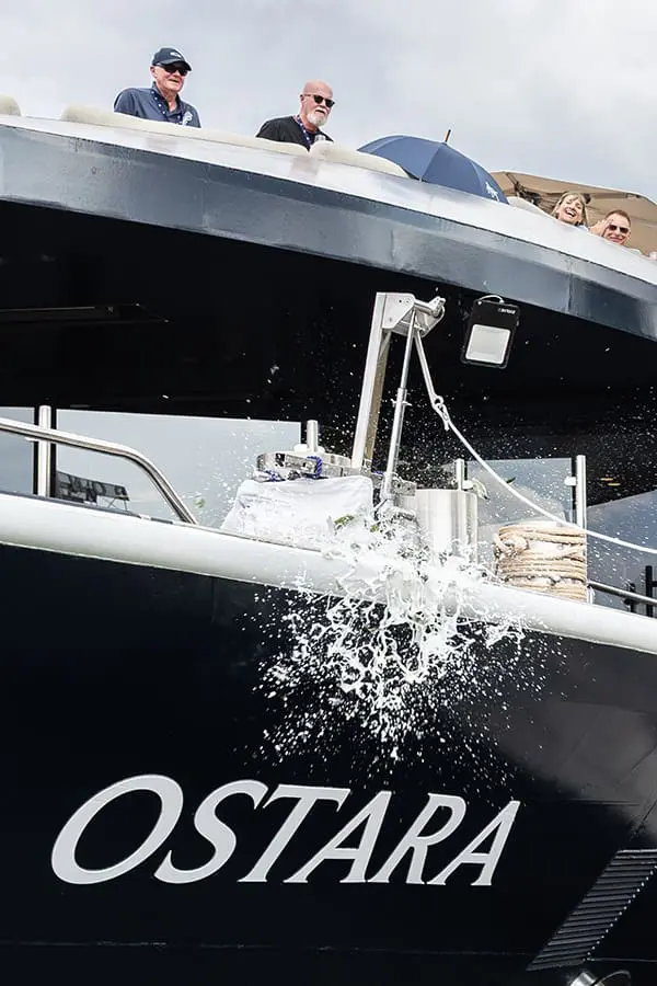 Ostara arrives: APT christens its newest luxury river ship to cruise Europe's waterways 3 The maritime ship tradition of breaking a Champagne bottle against the hull of Ostara.