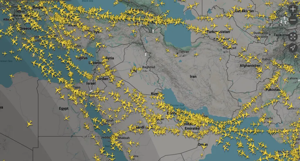 FlightRadar24 screenshot of Mideast airspace at 1230pm (10 July 2026).