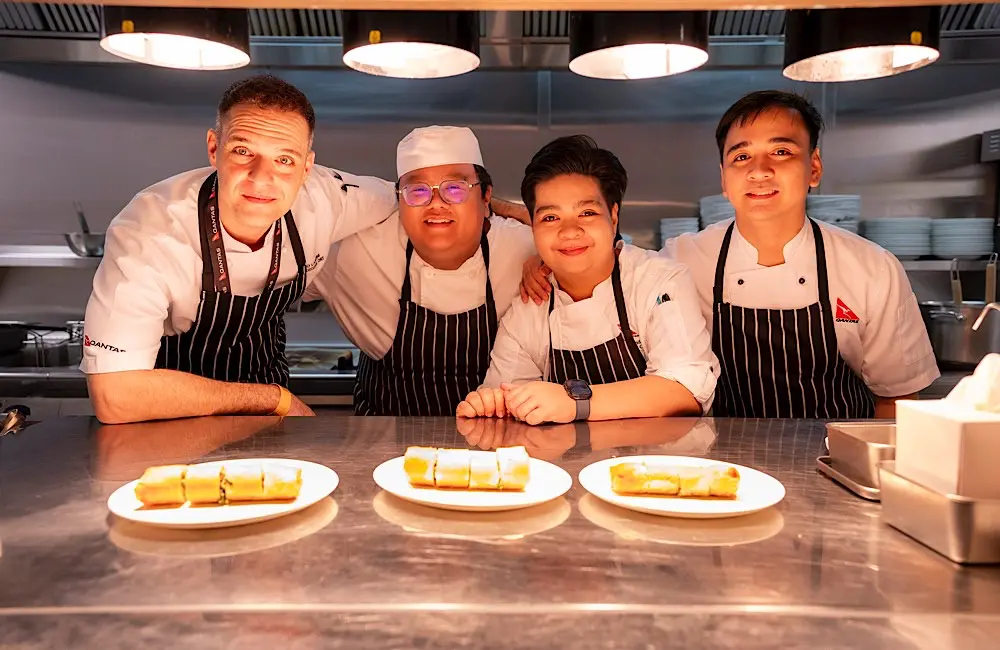 Qantas chefs present Fatty’s crispy spring rolls in Singapore, after working with the Au family to bring the restaurant’s recipes into the airline’s Changi lounges.