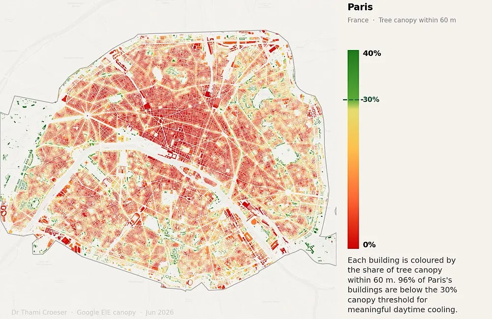 Euro summer is getting sweatier: Why Europe’s cities feel so hot 1 Tree canopy map showing 96% of Paris's buildings are below the 30% canopy threshold for meaningful daytime cooling. Image: RMIT