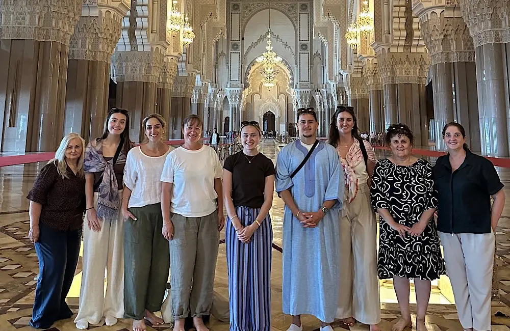 Travellers Choice members inside The Hassan II Mosque, Casablanca: (L-R): Diane Roach (Tour de Force Travel), Tianah Wood (Panorama Cruise & Travel), Michelle Ioppolo (Northern Beaches Travel & Cruise), Sarah Luck (Windsong Travel), Georgia Smith (Intrepid), Daniel Popescu (Select World Trave), Bridget Swain (Chris Watson Travel), Evelyn Swayne (Kingscote Travel) and , Meredith Symonds (Hastwell Travel & Cruise).
