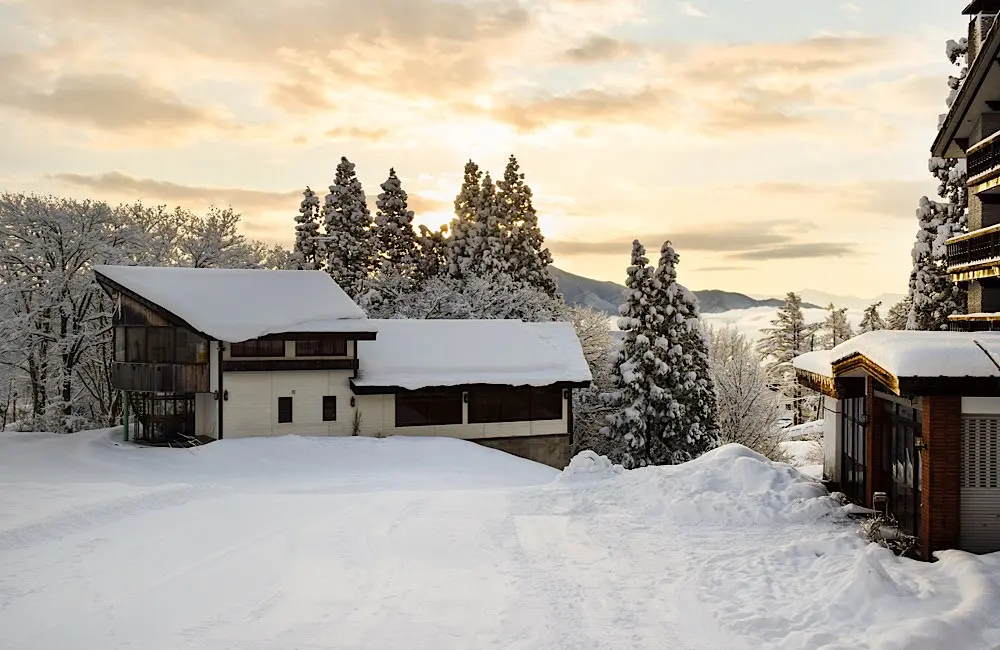 Snow-covered lodges in Japan’s Myoko Kogen.