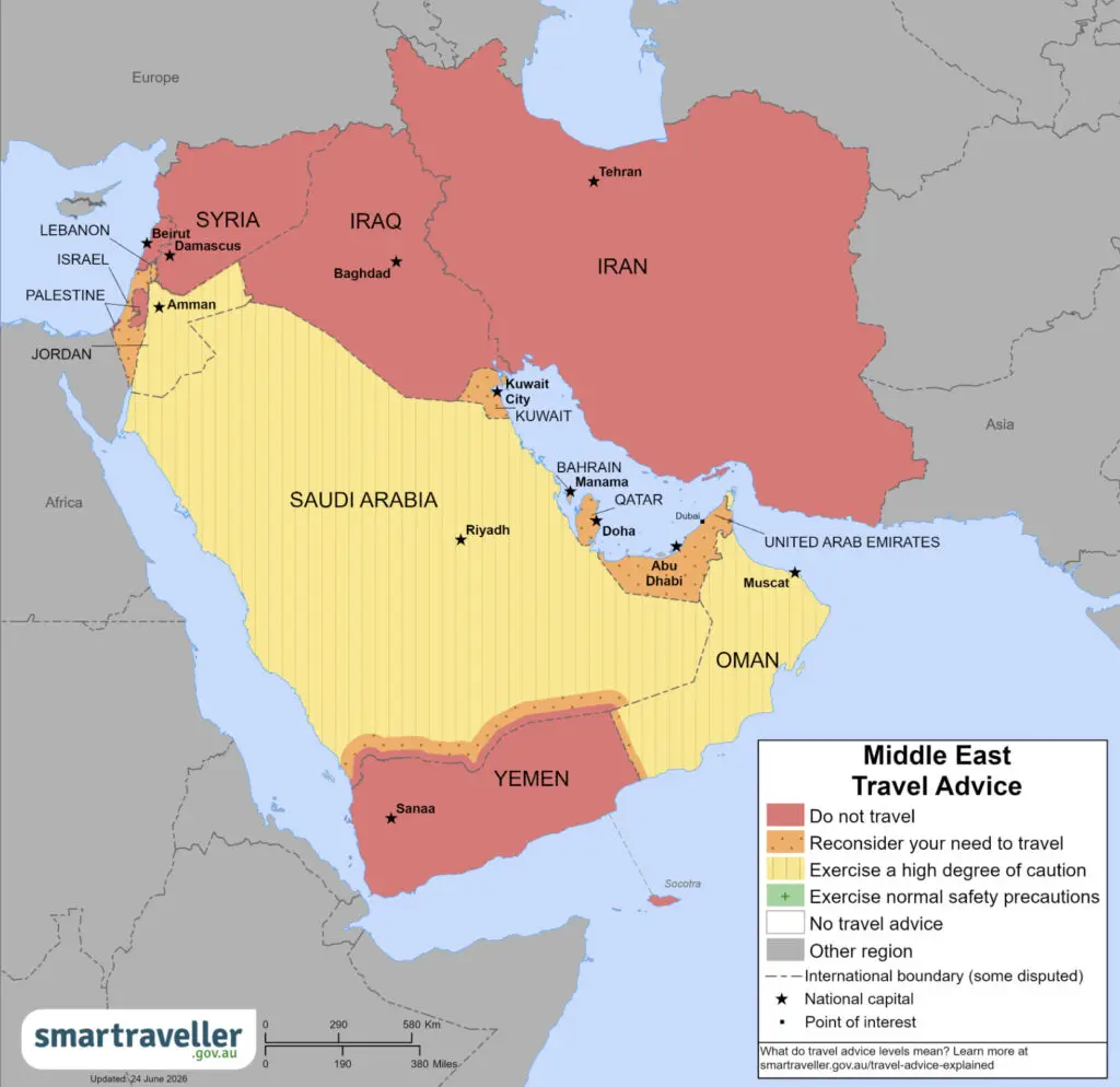 A screenshot of Smartraveller's travel advice for the Middle East