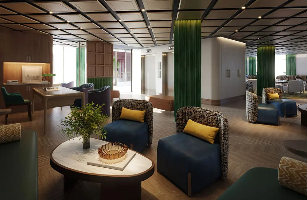 Render of the lobby and lounge at The Shepherd Mayfair.