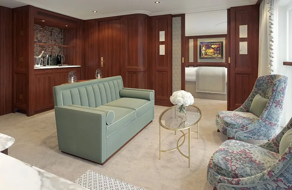 Render of Grand Suite living room on S.S. Clara. Image: Uniworld Boutique River Cruises