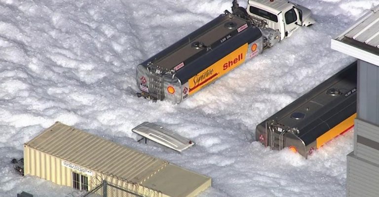 Californian airport engulfed by sea of foam