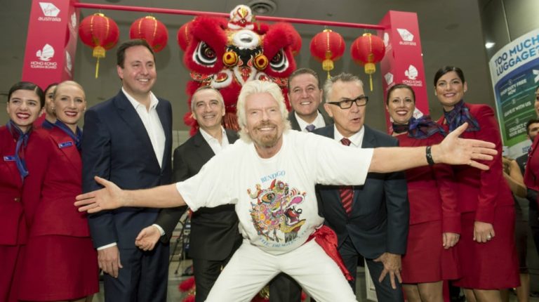 Richard Branson creates a scene at Melbourne Airport & launches Virgin’s Hong Kong service