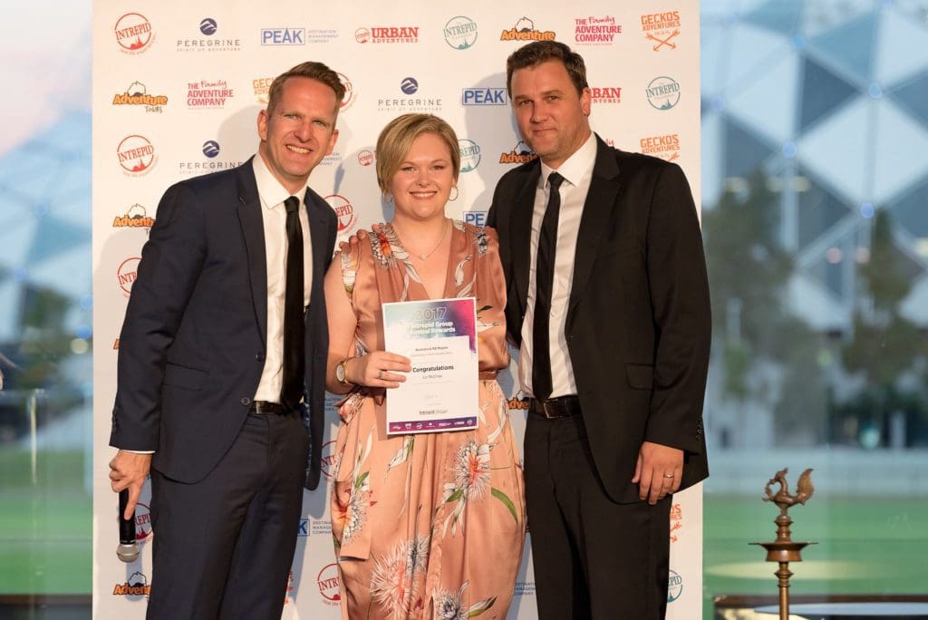 James Thornton, Award Winner Liz McCraw of Industry Sales and Brett Mitchell - AU NZ Regional Director - Intrepid Group