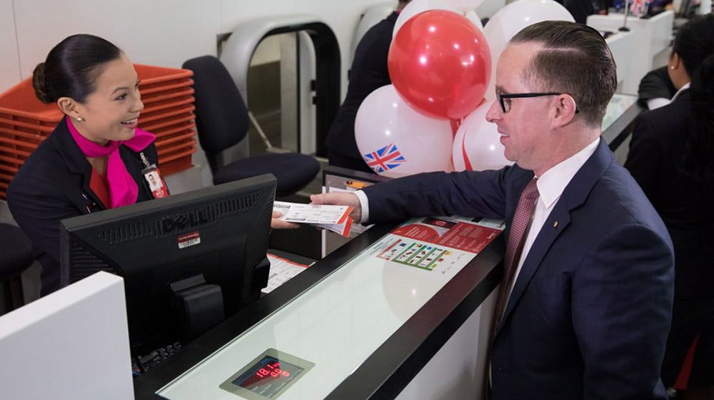 Former Qantas CEO Alan Joyce at the launch of QF's Perth-London service.