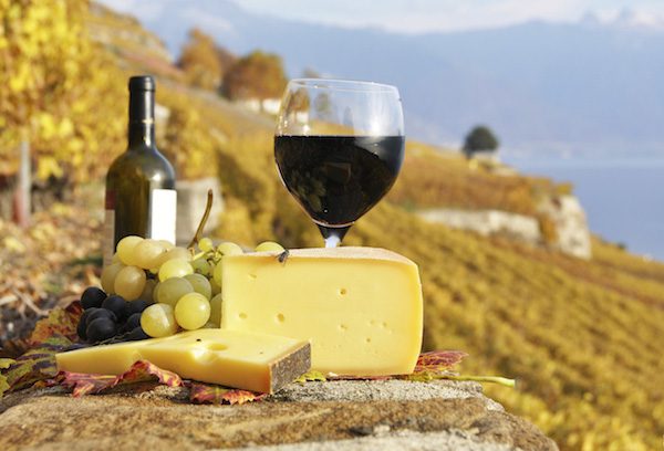 Board the EUROVISION express for Top 10 rail-friendly countries 43 Red wine, cheese and grapes on the terrace of vineyard in Lavaux region, Switzerland