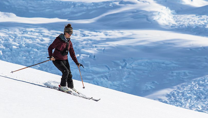Skiing in Antarctica; Tarn Pilkington. Aurora editorial