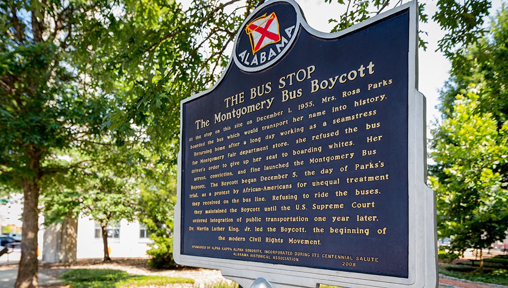 Rosa Parks Bus Stop marker, Montgomery. Image credit: Art Meripol