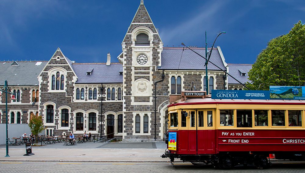 Tram in front of the Arts Centre, Christchurch ©CMG Studios Limited. All rights reserved.