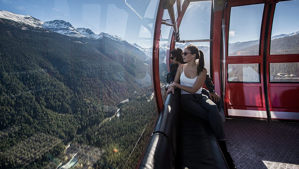 Take in the incredible views of towering volcanic peaks, coastal rainforests, and ancient glaciers on the Peak to Peak Gondola in Whistler. Image credit: Destination BC/Blake Jorgenson