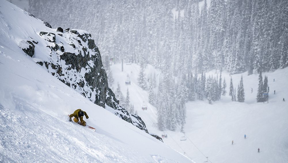 Snowboarding on Blackcomb Mountain, above Glacier Chair. Image credit: Destination BC/Andrew Strain