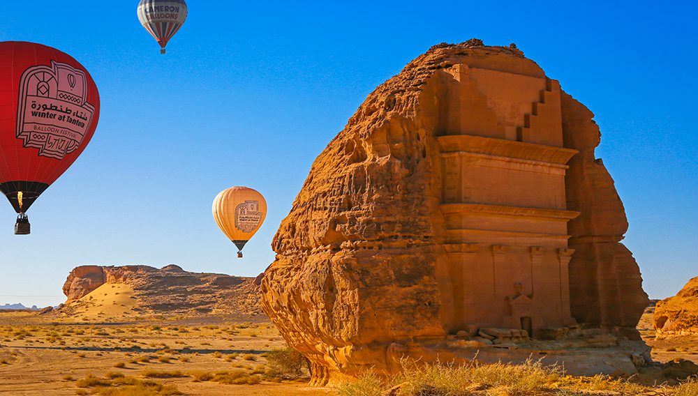 During the Hot Air Balloon Festival, take to the skies at dawn and glide peacefully above UNESCO World Heritage Site, Hegra.