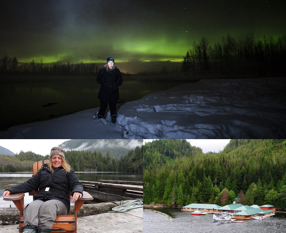 Top: Kristy Prince, North America Product Manager. Lower left: Lorraine Herring, North America Destination Specialist. Lower Right: Knight Inlet Lodge is an Indigenous owned lodge strongly advocating for sustainable fisheries and wildlife management policies in the Great Bear Rainforest.