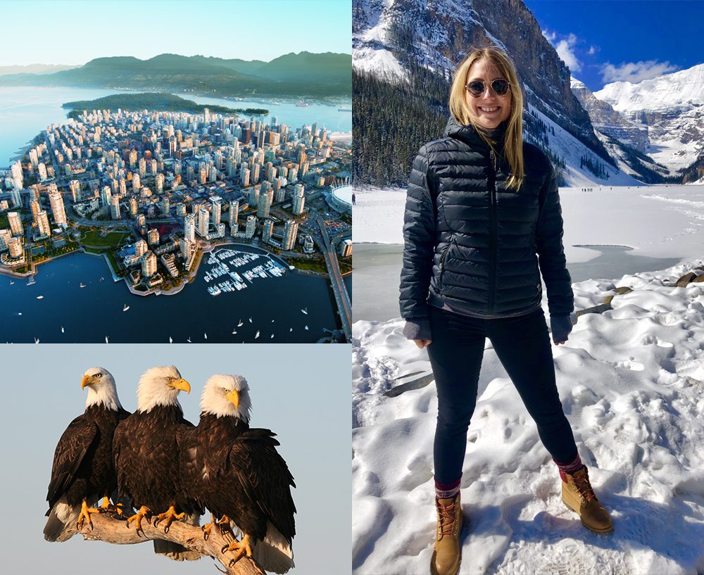 Left: British Columbia's sights and experiences include spectacular scenery and cosmopolitan cities including Vancouver © Albert Normandin. Lower left: There is a sheer abundance of furred, feathered and finned wildlife in British Columbia, from companionable Bald Eagles to orcas and bears ©Ken Hoehn. Right: Paulina Zielinska, North America Destination Specialist