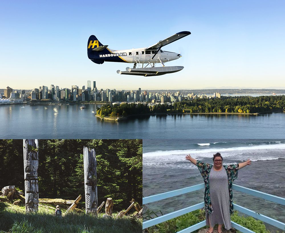 Top: Harbour Air Seaplanes, North America’s first carbon-neutral commercial airline. Lower left: Gwaii Haanas National Park Reserve and Haida Heritage Site ©Destination BC/Brandon Hartwig. Lower right: Olo Tusa, North America Destination Specialist.