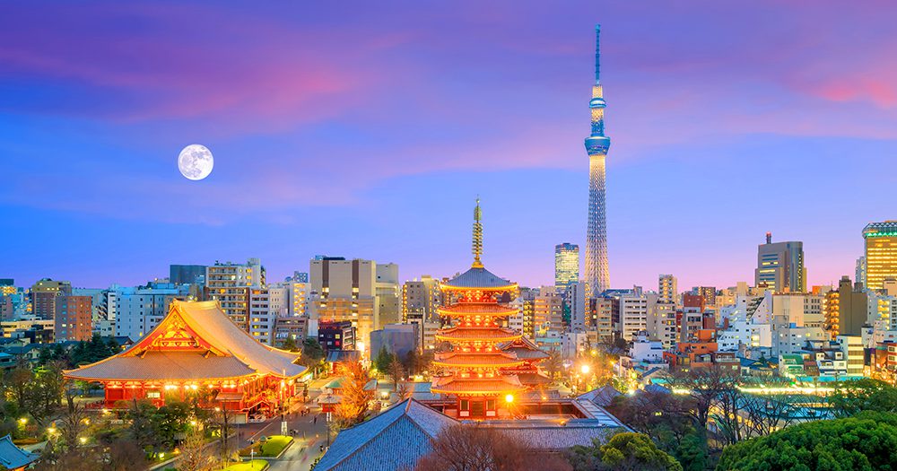 View of Tokyo skyline with Senso-ji Temple and Tokyo Skytree