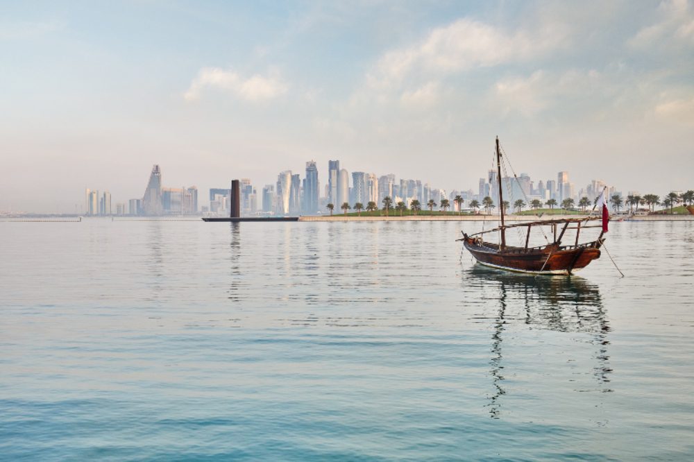 Qatar Tourism Skyline with dhow boat 2