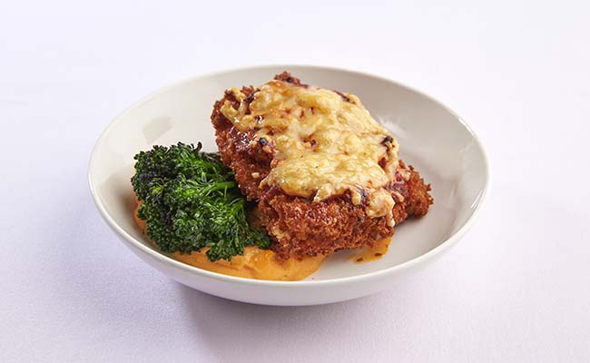 Delish new dishes for Virgin Australia’s inflight Business Class winter menu 2 VA Business Class winter 2022 Chicken Parmigiana with mashed sweet potato and broccolini