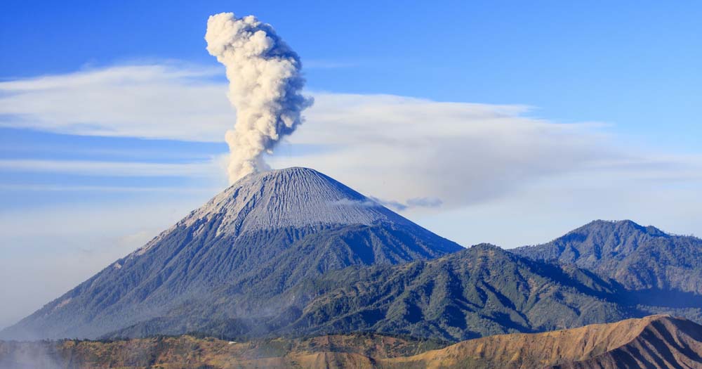The active volcano Mt Semeru in West Java, Indonesia.