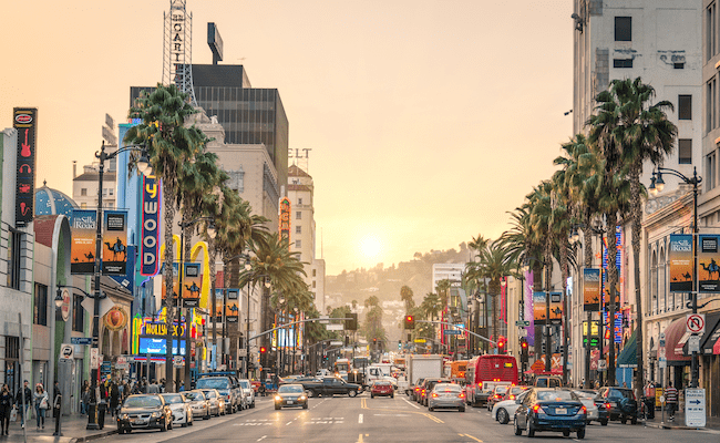 Hollywood Boulevard at sunset.