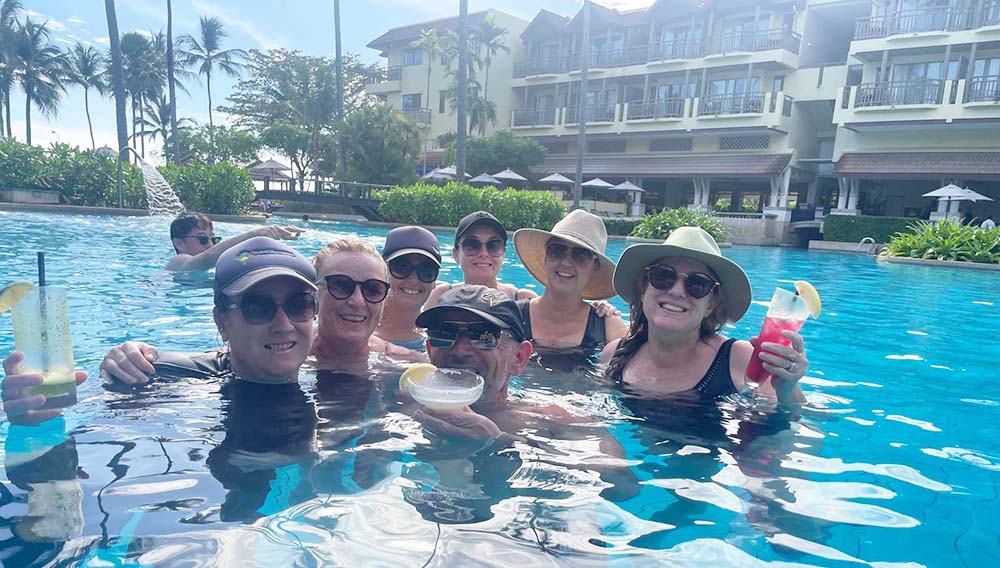 6. Long anticipated drinks at Phuket Marriott Resort Spas pool bar L R Annette Fyfe Merran Anderson Belinda Hackett Deahann Urqueza Stephanie Jones Ally Casey Grant Campbell