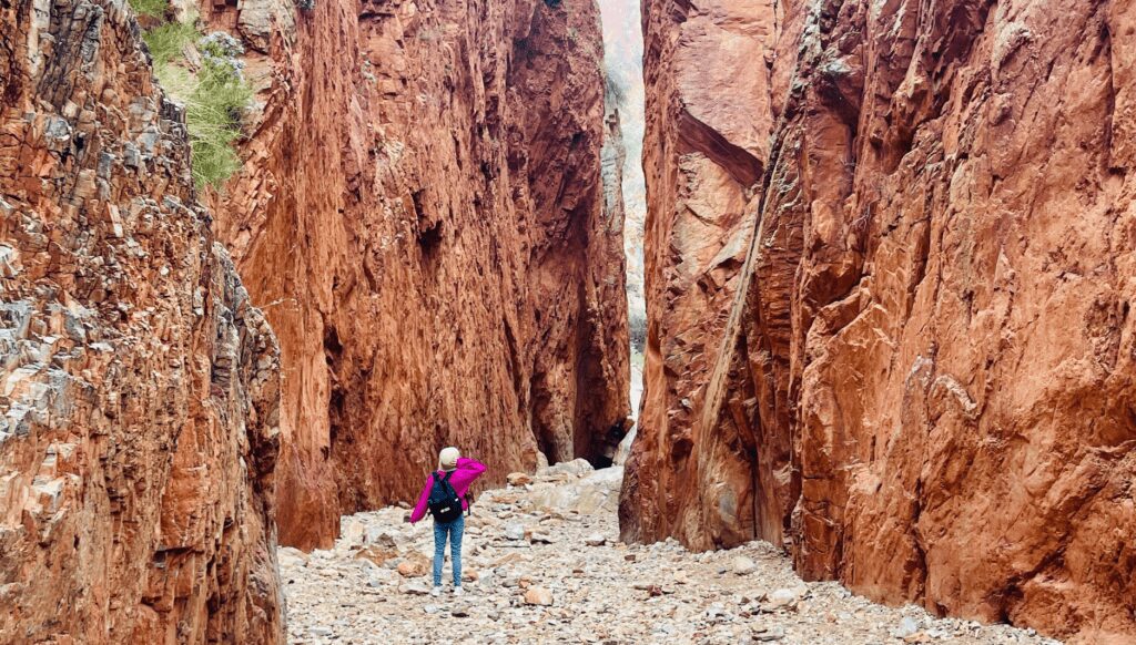 Zoe Macfarlane stands in awe of the 80m high canyon walls of Standley Chasm in the West MacDonnell Ranges.