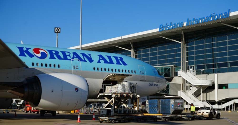 Korean Air plane at Brisbane International Airport tarmac.