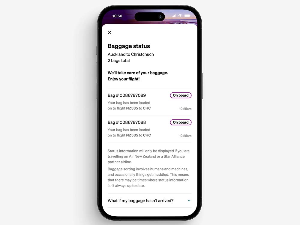 Air NZ App Baggage tracking feature