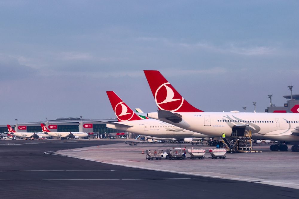 Parked Turkish Airlines jets in Istanbul.