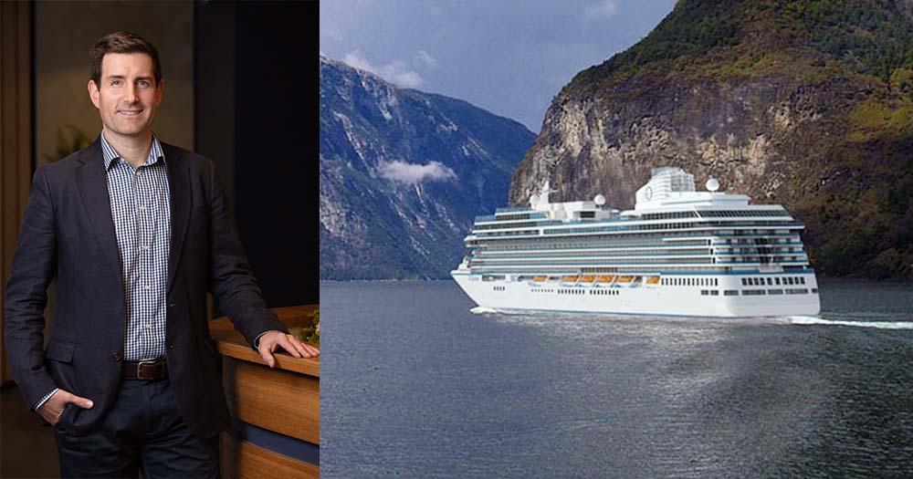 Composite image of corporate shot of male and cruise ship at sea