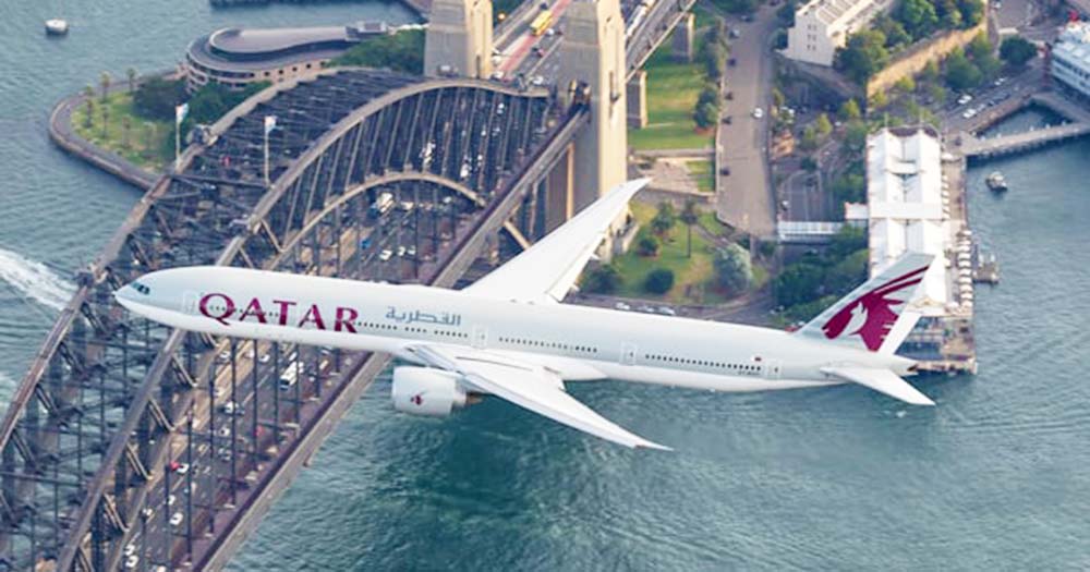Aerial shot of Qatar Airways aircraft in Sydney
