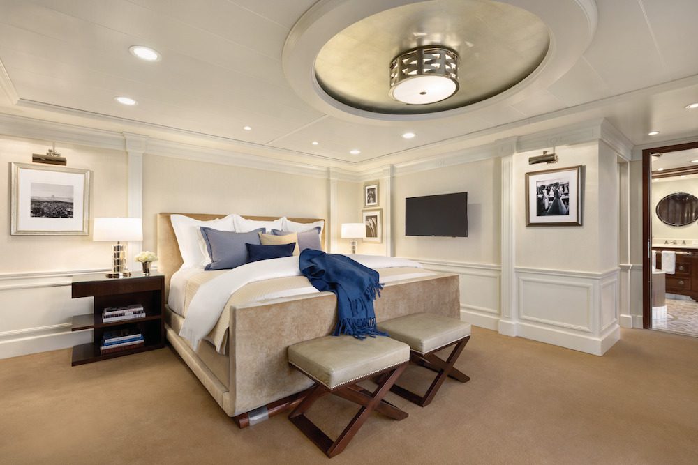 Owner's suite bedroom on Riviera Oceania Cruises. Photo credit: Justin Kriel.