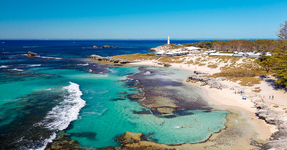 Rottnest Island's famous Basin and Pinky's Lighthouse. © Rottnest Express