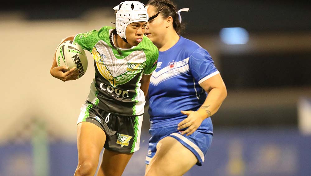 Cook Islands and Gold Coast Titans NRLW star Chantay Kiria-Ratu (left) in fine form at the women’s Rugby League 9s tournament at the 2023 Pacific Games.