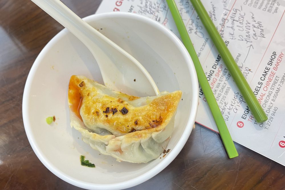 One perfect dumpling, pan fried, sits inside of a white bowl with green chopsticks on the side.