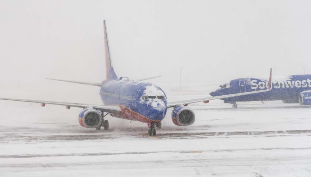Southwest Airlines planes during a blizzard in Denver, Colorado