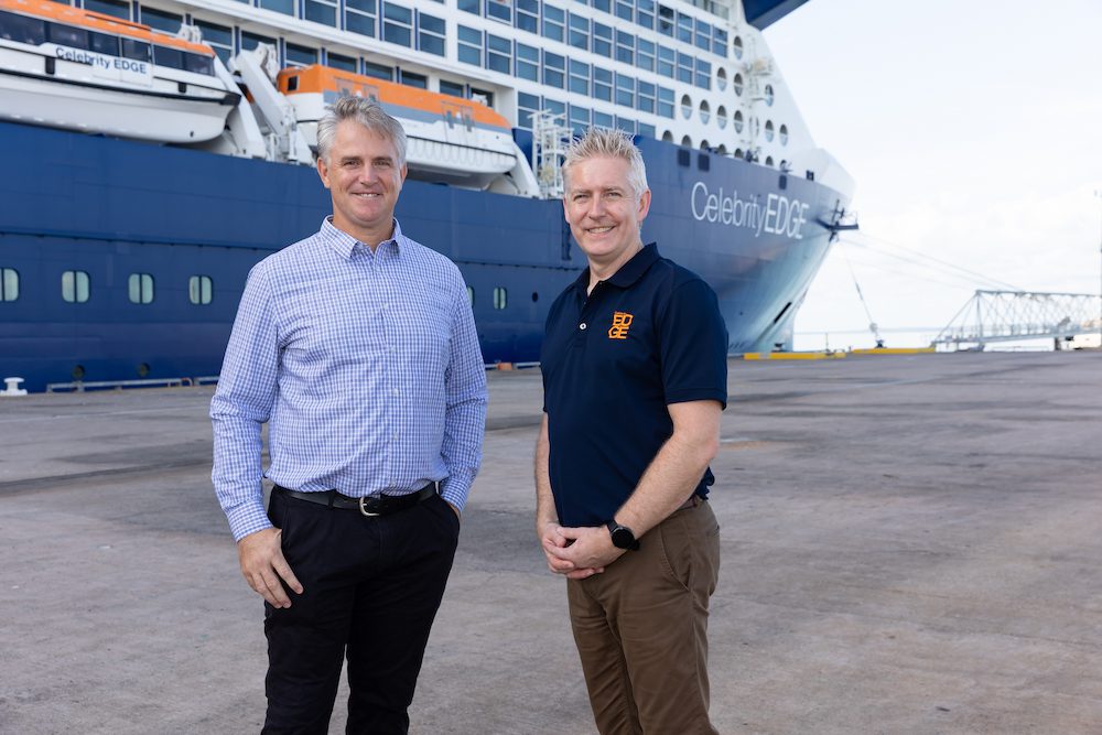 Tourism and Hospitality Minister, Joel Bowden and Celebrity Cruises Vice President and Managing Director of APAC, Tim Jones at the Darwin Cruise Ship Terminal. 